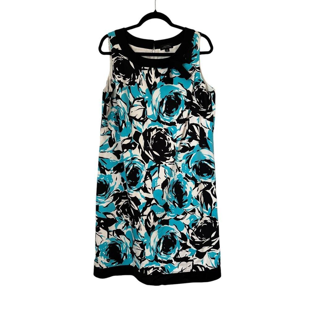 Tahari Dress Womens 14W Black & Blue Floral Sleeveless Zip Up Cotton Bow Sheath